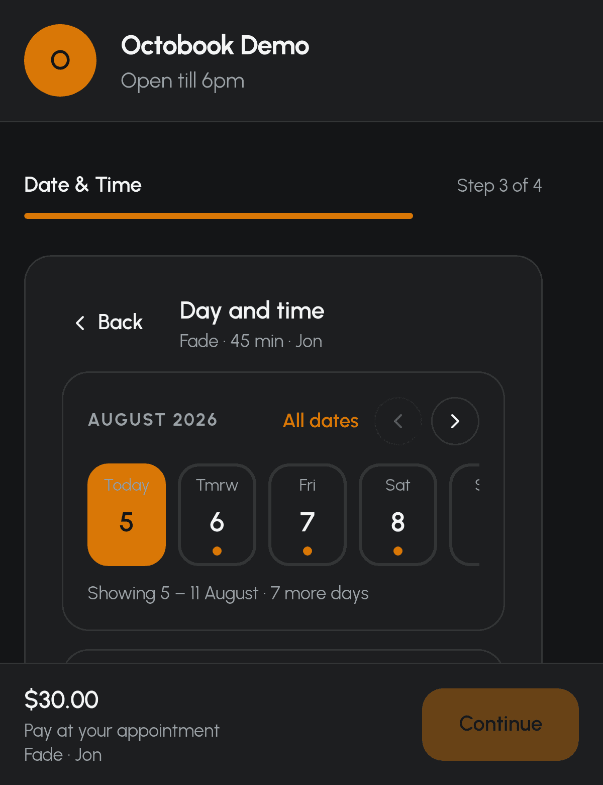 Choosing a time on a live Octobook booking page